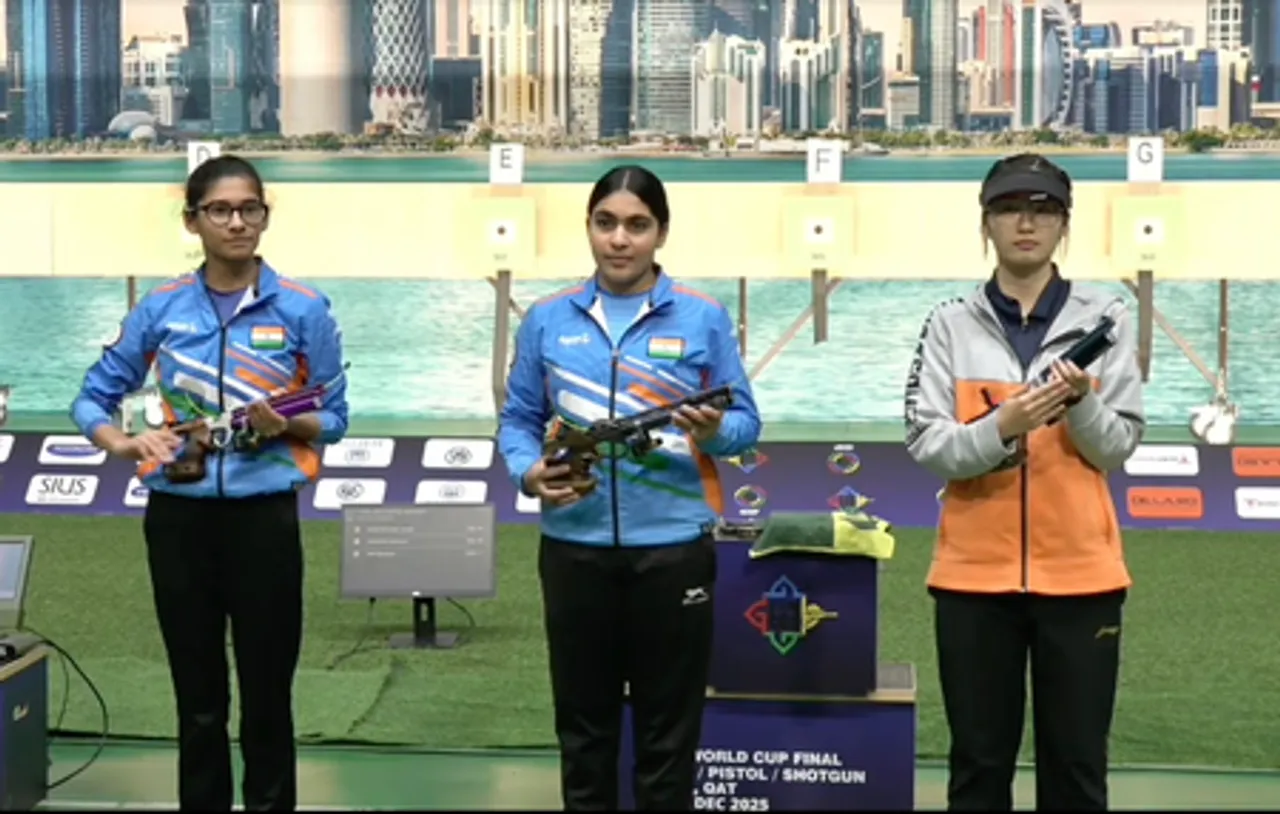 Suruchi Phogat and Sainyam make history with a gold-silver finish in women’s air pistol on Day 1 of International Shooting Sport Federation (ISSF) World Cup Final (WCF) Rifle/Pistol/Shotgun in Doha, Qatar, on Saturday. Photo credit: NRAI