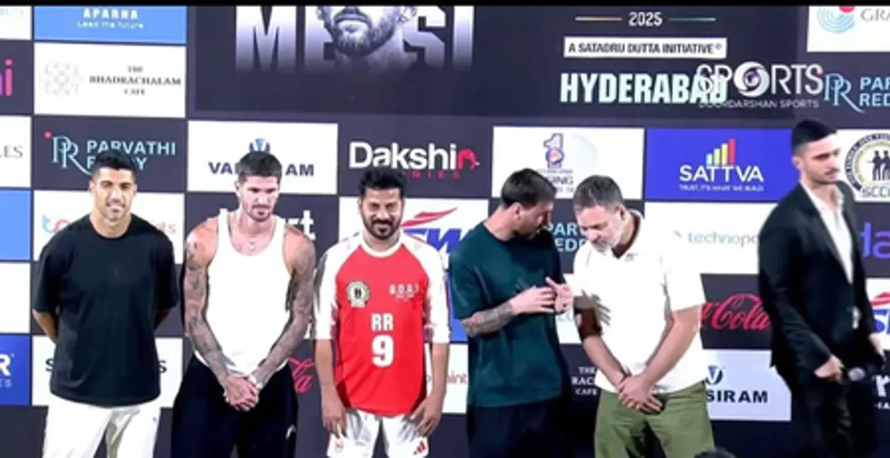 GOAT Tour: Messi appears at Uppal Stadium in Hyderabad, seen waving to the crowd in broadcast visuals