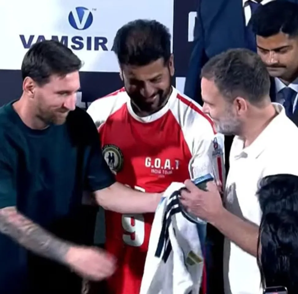 'Viva Football': Rahul Gandhi meets Lionel Messi in Hyderabad during GOAT Tour; presented jersey by Argentine star. Photo credit: Congress