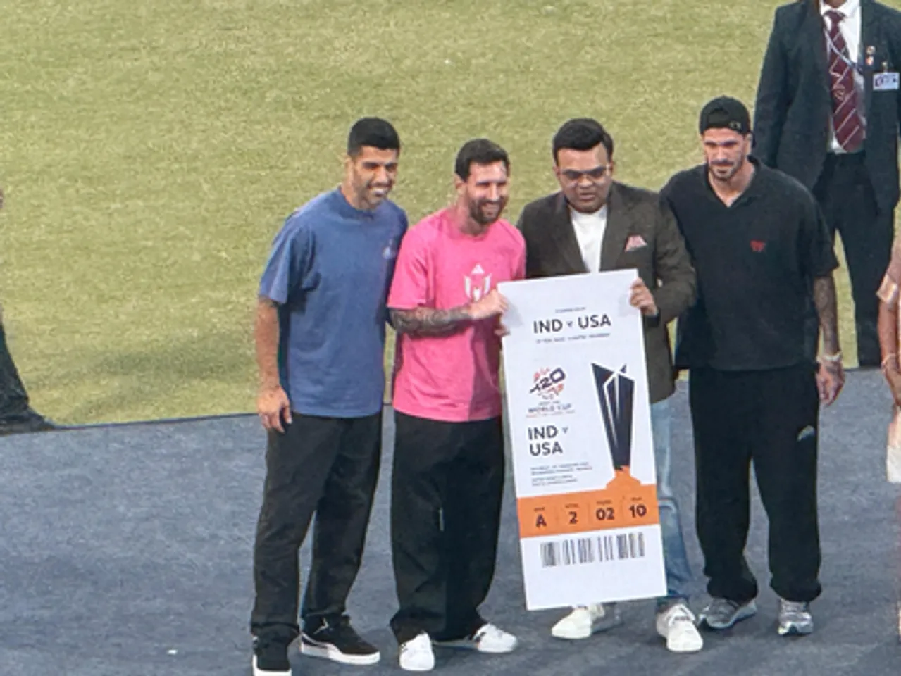 Jay Shah gifts T20 World Cup tickets, a signed jersey, and a bat to Lionel Messi during the GOAT India Tour event at the Arun Jaitley Stadium in New Delhi on Monday. Photo credit: IANS