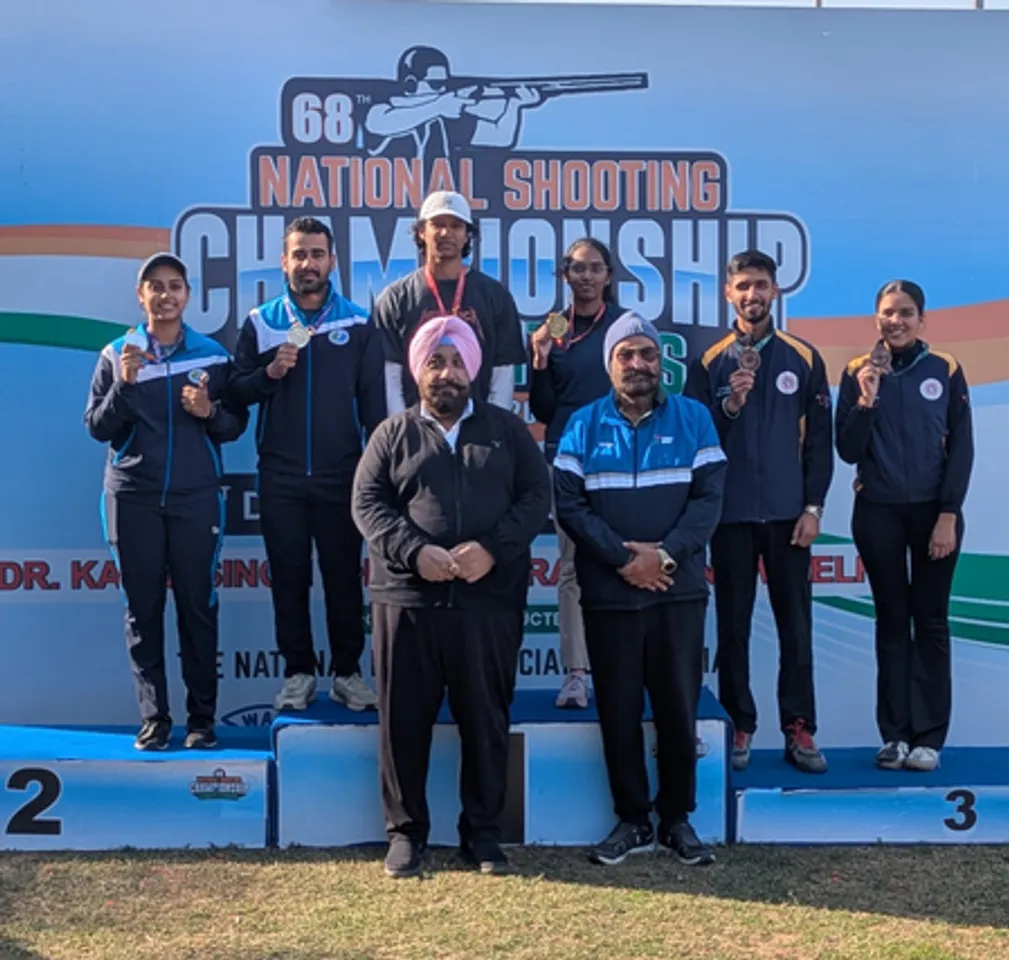 Anantjeet Singh Naruka and Darshna Rathore clinch mixed team skeet gold medal in the Senior Skeet Mixed Team of the 68th National Shooting Championship in New Delhi on Wednesday. Photo credit: NRAI