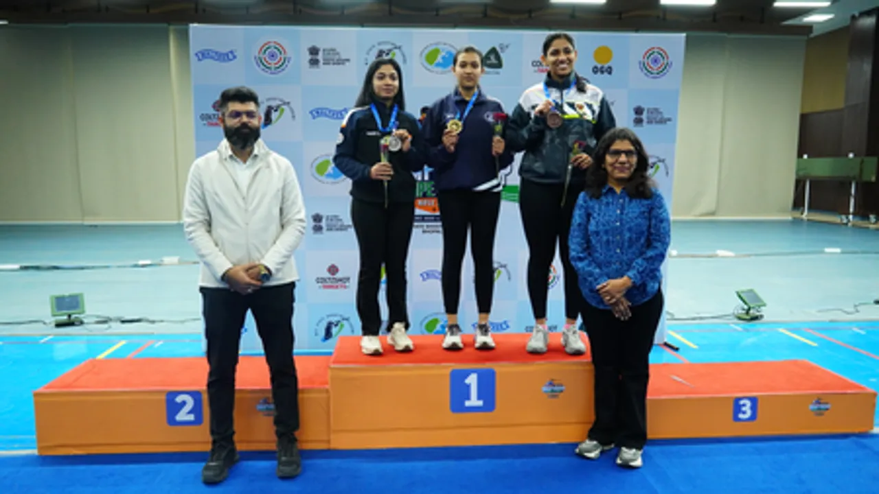 Tilottama Sen claims women’s 50m Rifle 3P gold in the 68th National Shooting Championship Competitions at MP State Shooting Academy in Bhopal on Saturday. Photo credit: NRAI