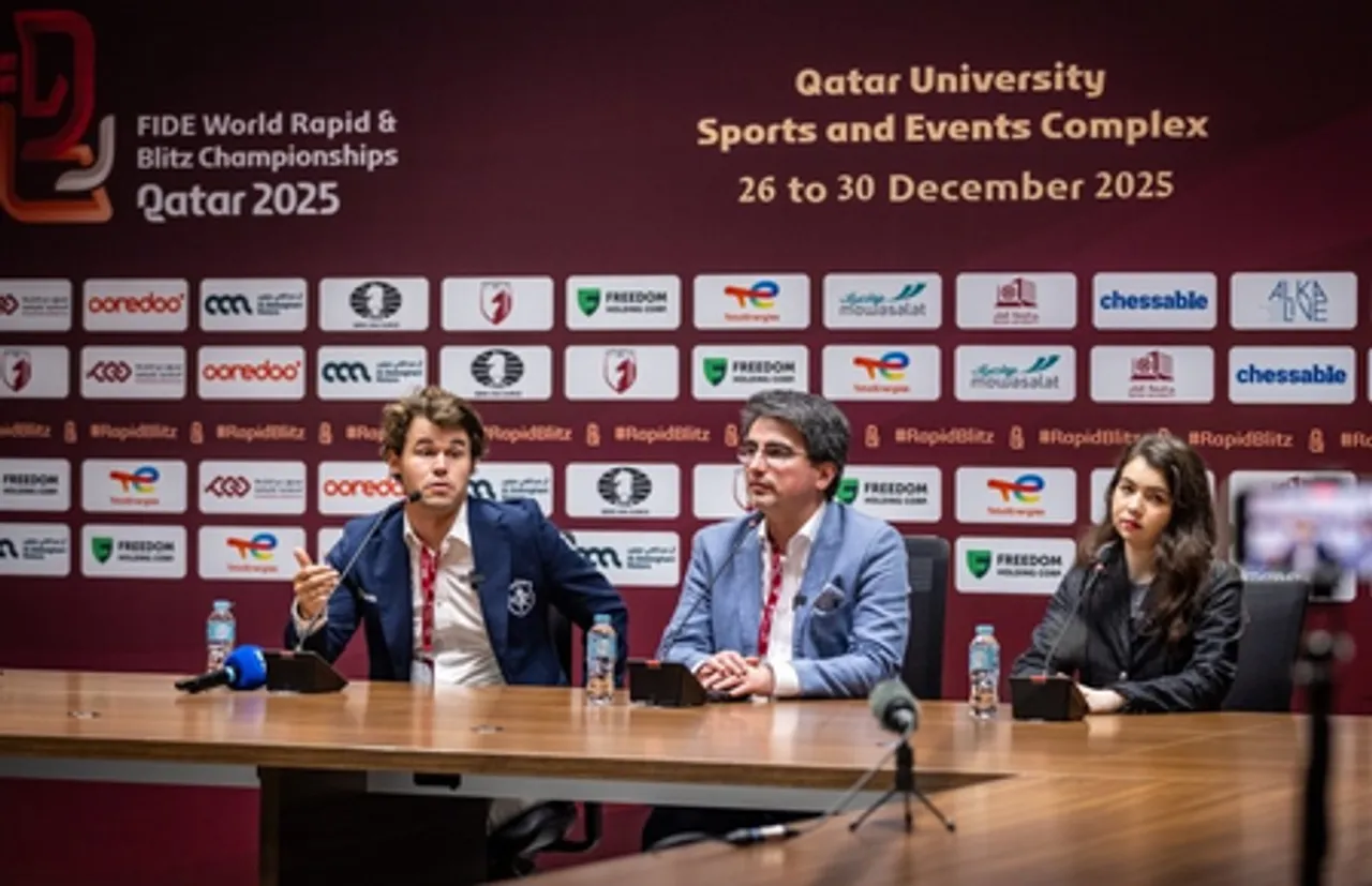 Arjun Erigaisi and Koneru Humpy claim bronze medals as Magnus Carlsen and Alexandra Goryachkina bag men's and women's titles in 2025 FIDE World Rapid & Women’s World Rapid Championships in Doha, Qatar, on Sunday. Photo credit: FIDE