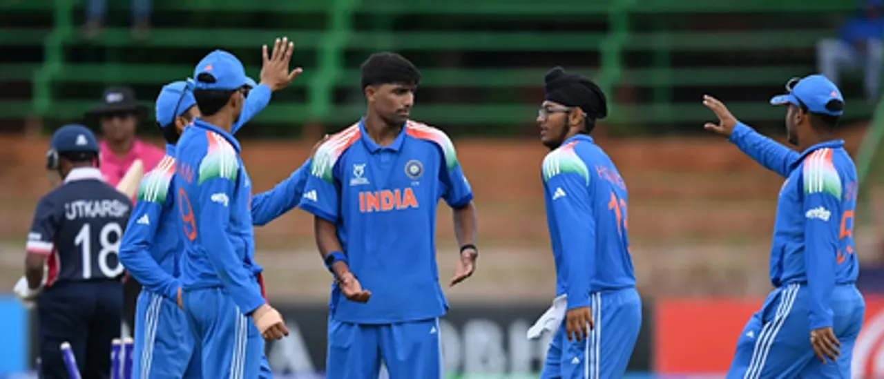 Henil Patel's five-wicket haul helps India beat USA by six wickets via DLS Method in the ICC Under-19 Men's Cricket World Cup in t the Queens Sports Club in Bulawayo on Thursday. Photo credit: ICC