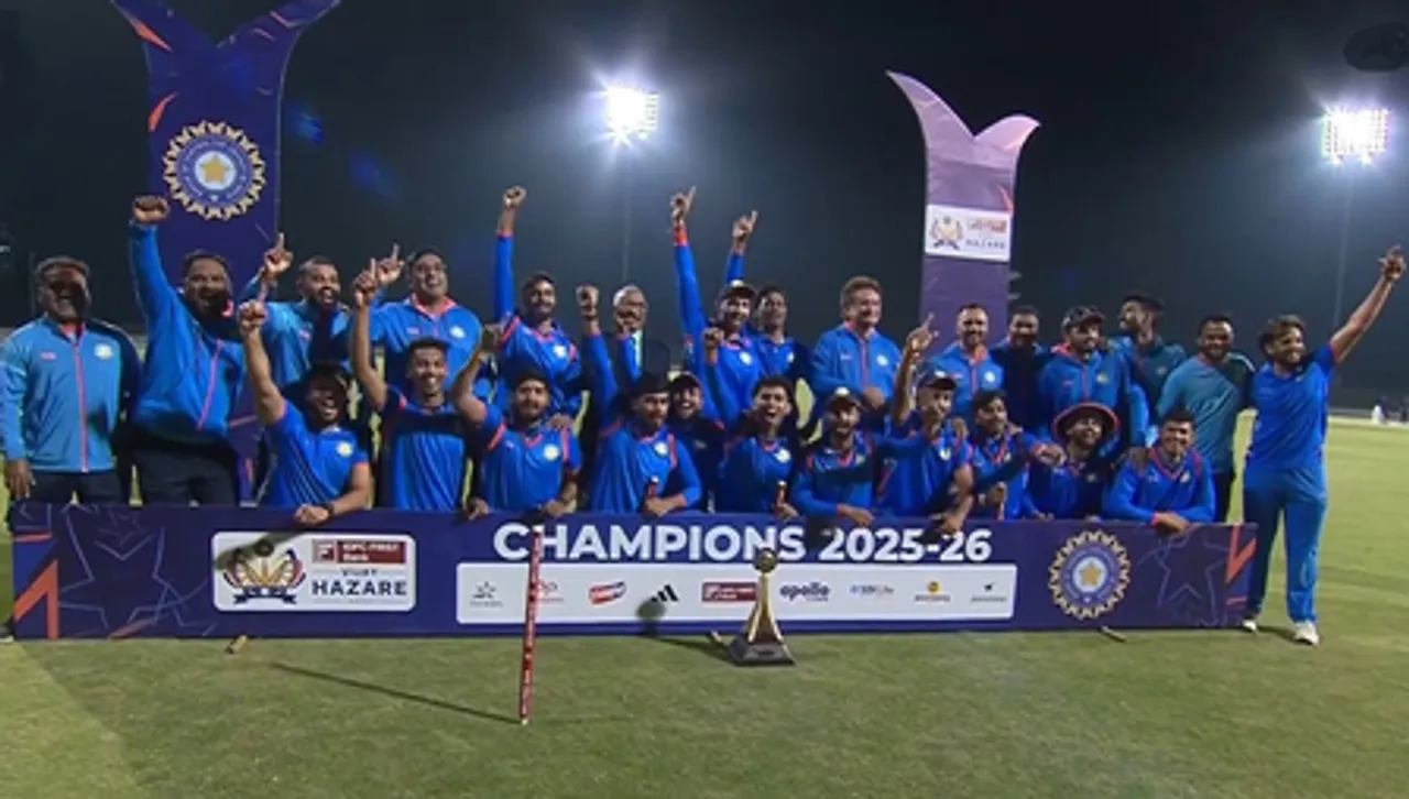 Atharva Taide's ton and fine bowling by Yash Thakur and Nachiket Bhute help Vidarbha beat Saurashtra by 38 runs in the final to win Vijay Hazare Trophy in Bengaluru on Sunday night. Photo credit: BCCI Domestic/X