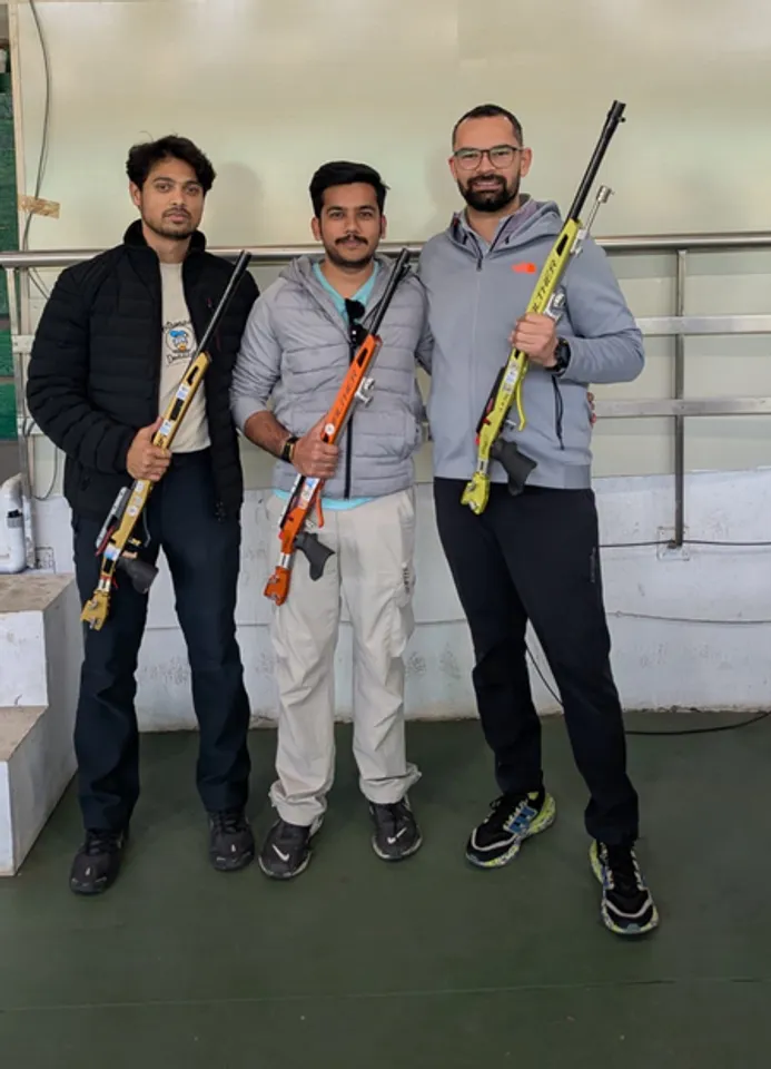 Manini Kaushik and Aishwary Pratap Singh Tomar top 50m rifle prone standings on the opening day of Group A National Selection Trials at the Dr. Karni Singh Shooting Range in New Delhi on Monday. Photo credit: NRAI