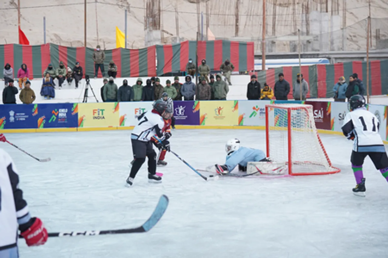 Army men, Ladakh women start with emphatic wins as ice hockey competition starts at the Nawang Dorjan Stobdan (NDS) Stadium in Leh on Tuesday. Photo credit: KIWG 2026