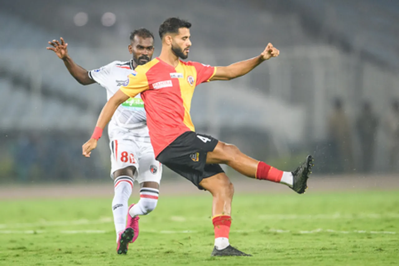 Youssef Ezzejjari’s brace of goals helps East Bengal SC overcome NorthEast United FC in Match 5 of the Indian Super League (ISL) 2025-26 at the Vivekananda Yuba Bharati Krirangan in Kolkata on Monday. Photo credit: AIFF