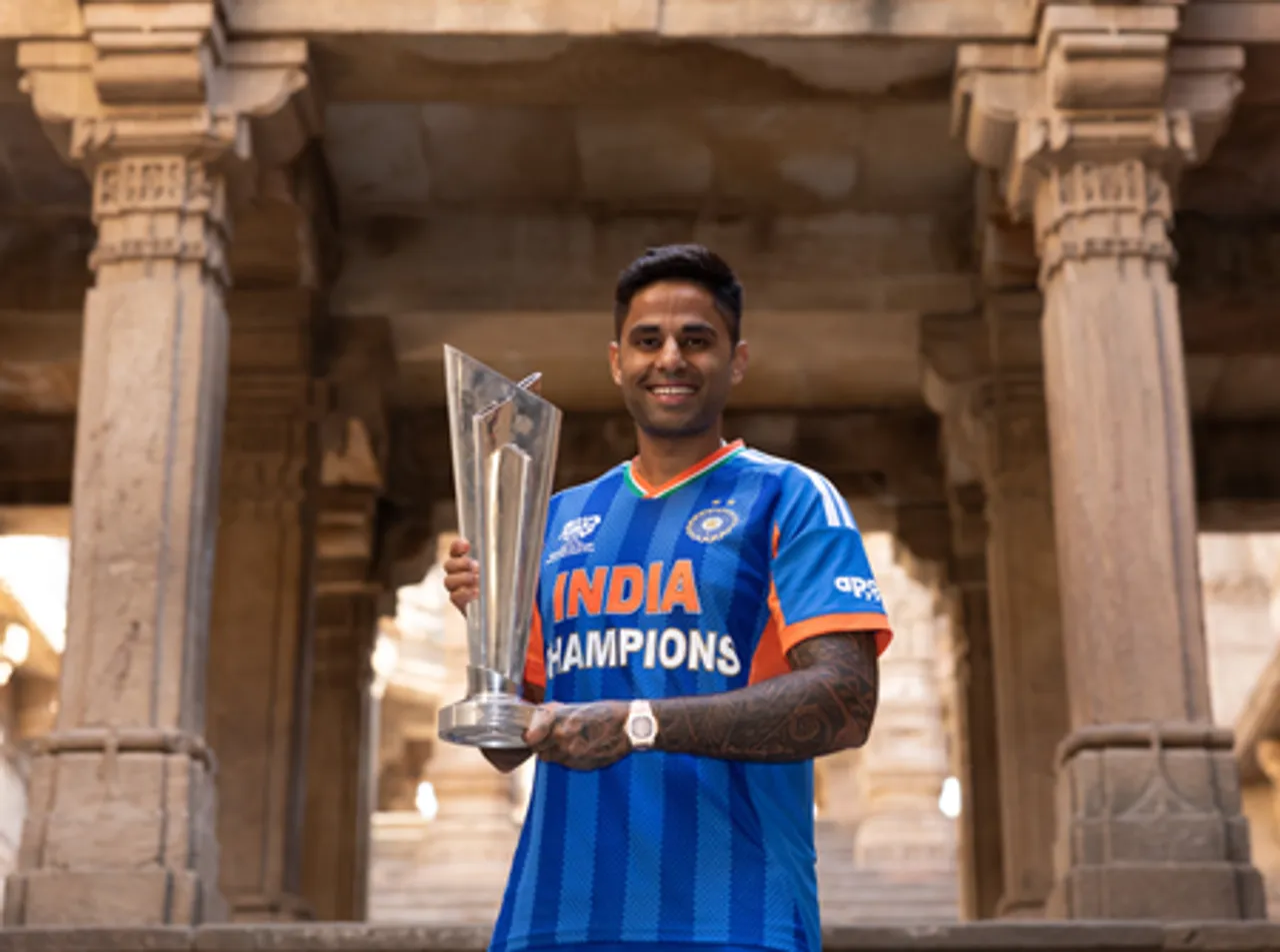 Suryakumar Yadav poses with T20 WC trophy at historic Adalaj Stepwell after India’s title triumph (Credit: ICC)