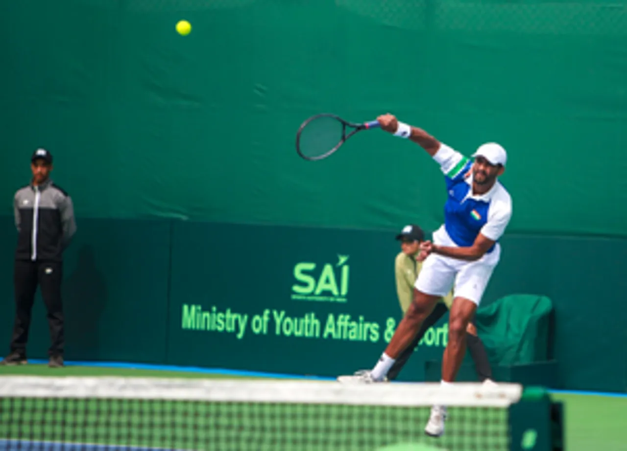 New Delhi: India's N Sriram Balaji and Rithvik Bollipalli in action during the Davis Cup 2025 group match