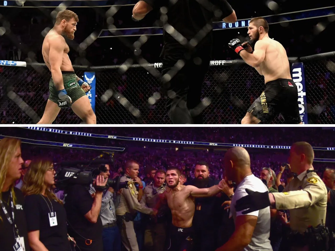 WATCH: Throwback to Khabib Nurmagomedov jumping over cage to have brawl with Conor McGregor's teammates at UFC 229