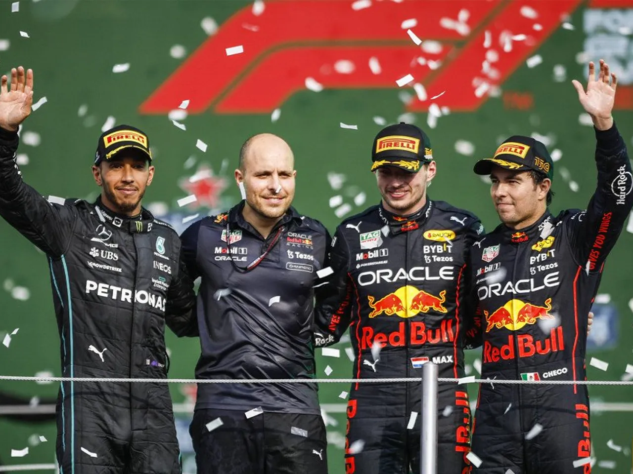 Max Verstappen with others on podium