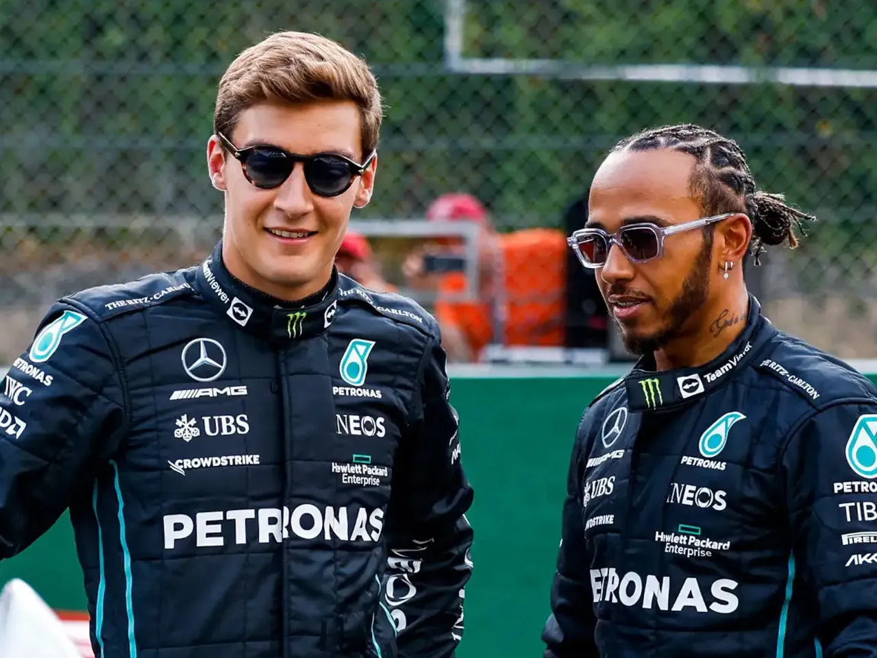 George Russell and Lewis Hamilton with Crowd 