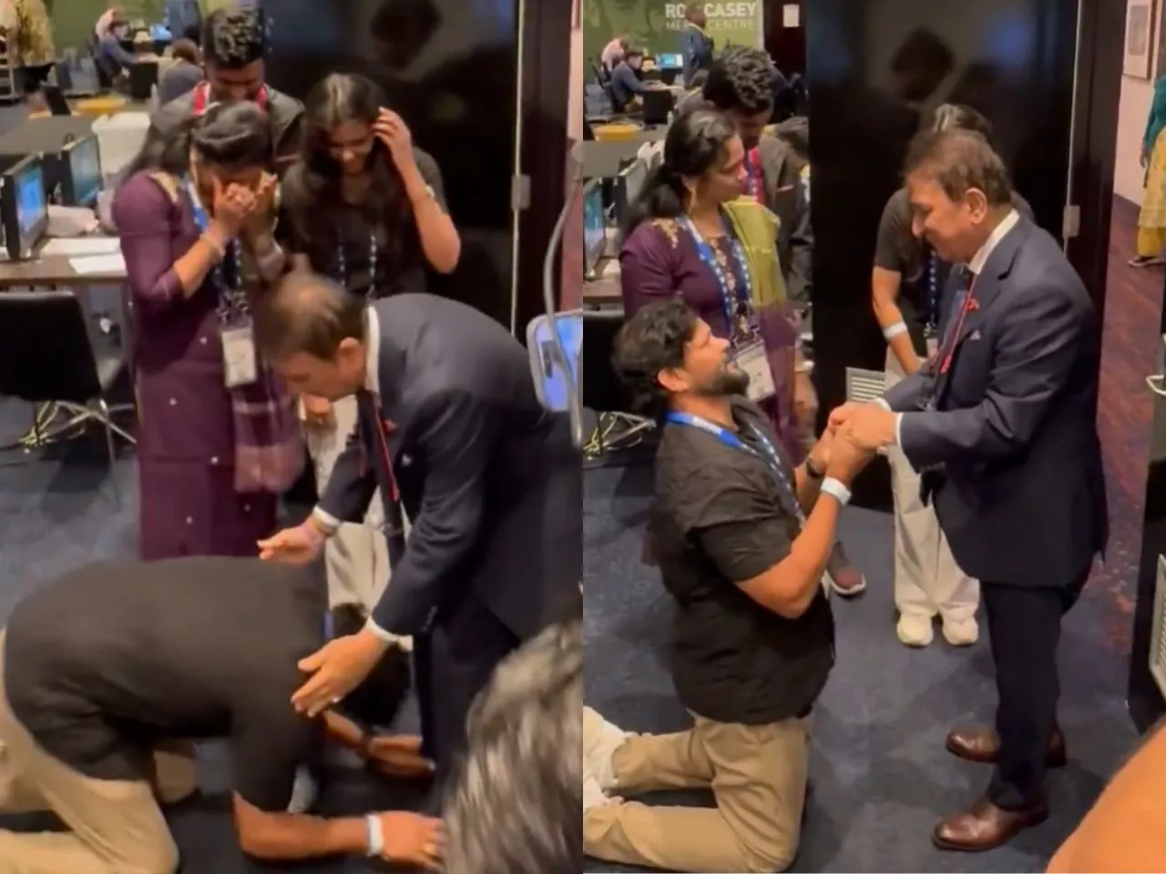 Nitish Reddy's father touching Sunil Gavaskar's feet