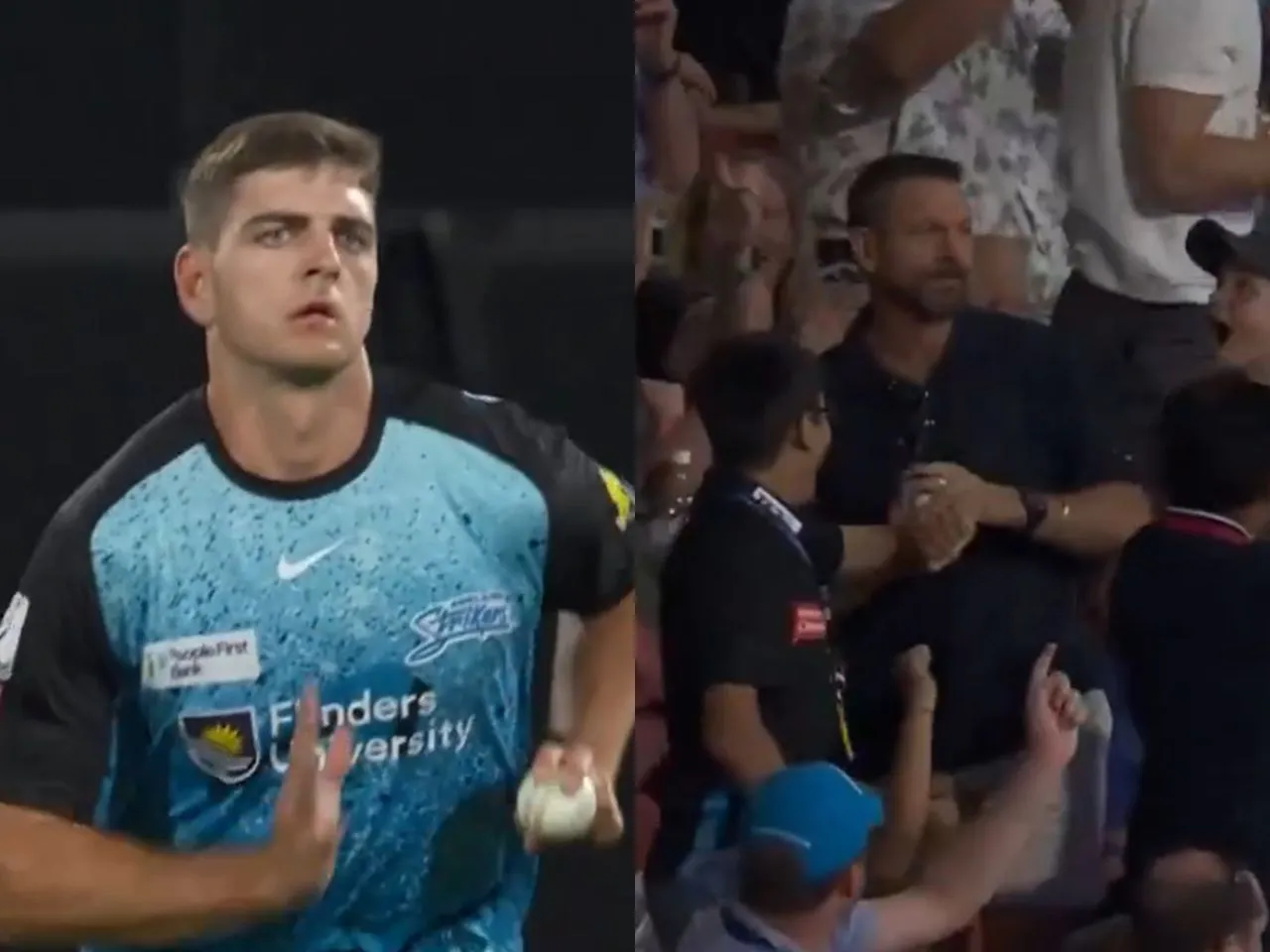 Liam Haskett's father takes crowd catch as his son is hit for a six on his Big Bash League debut