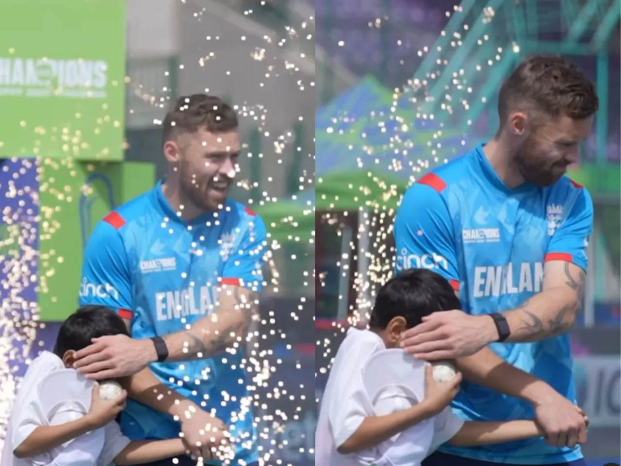 Phil Salt shielding a young mascot from a barrage of fireworks