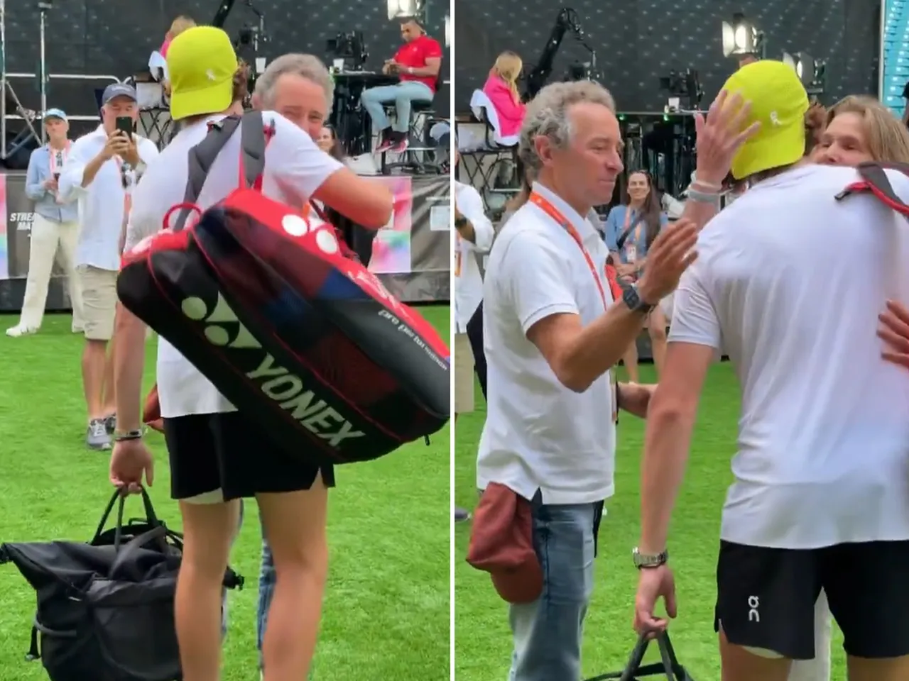 Joao Fonseca hugs his parents at the Miami Open 2025
