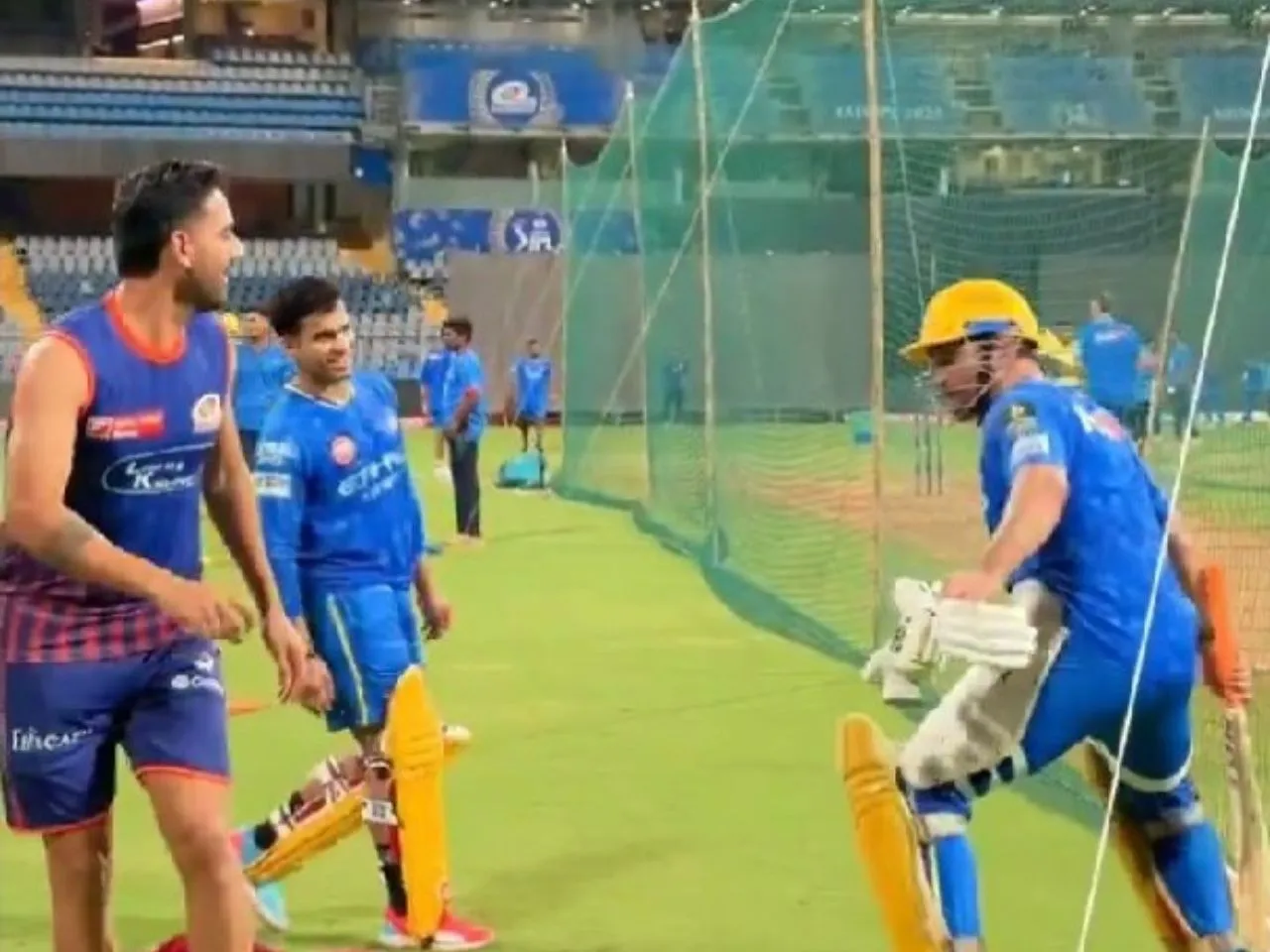 MS Dhoni chases Deepak Chahar with the bat ahead of MI vs CSK game on Sunday