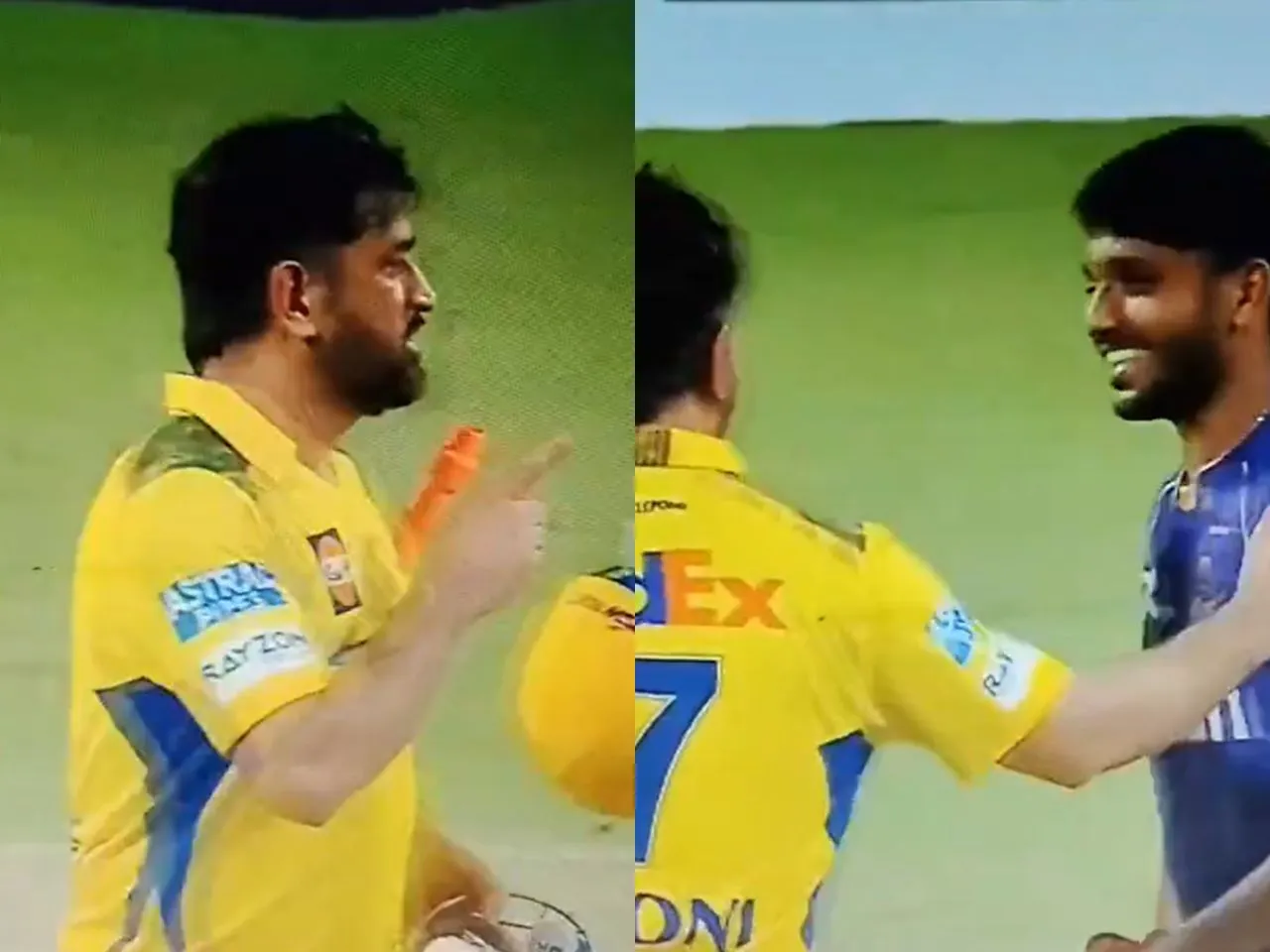 MS Dhoni shakes hands with young KKR pacer 