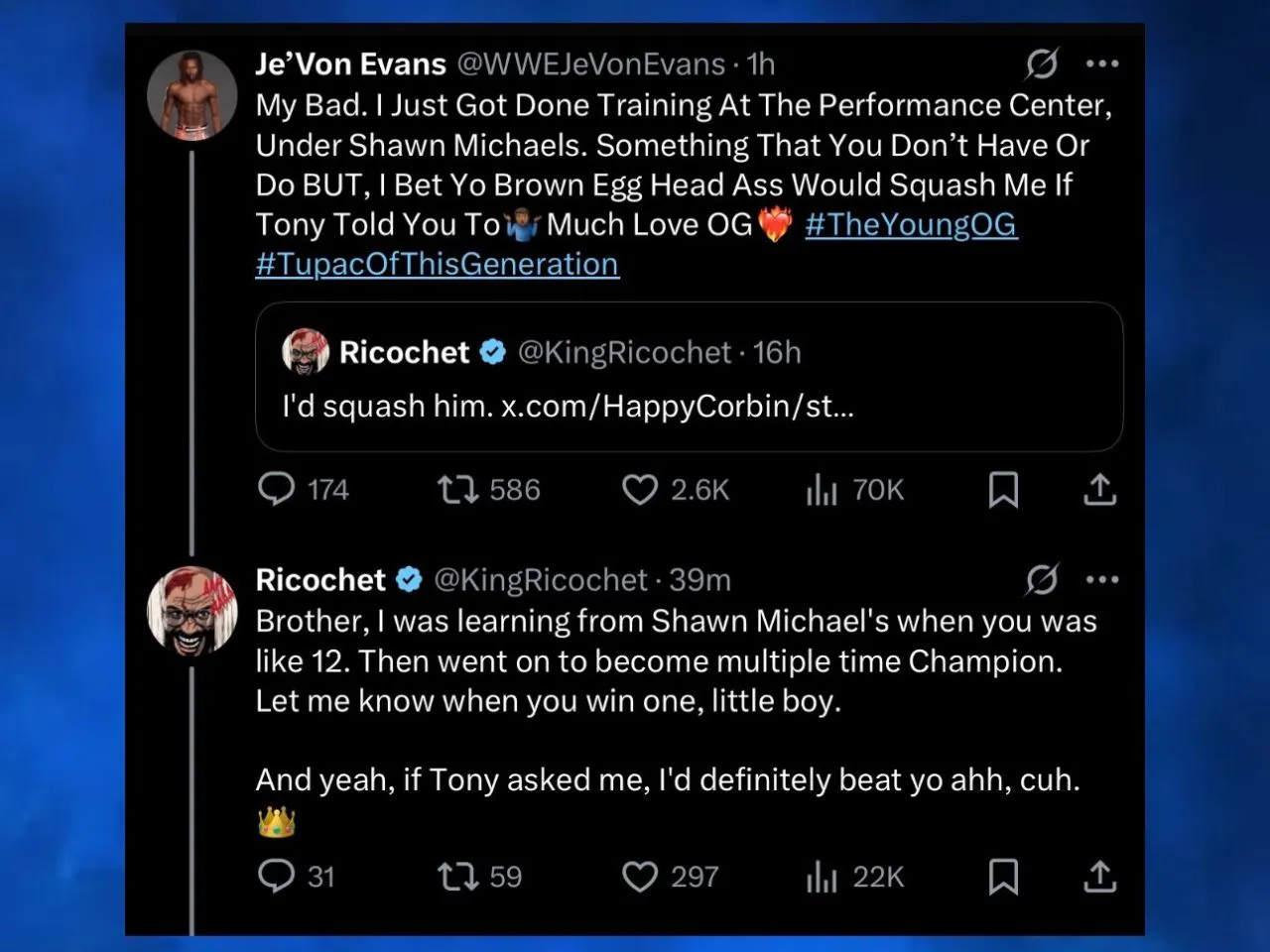 Ricochet and Je'Von Evans engage with each other in a war of words on X