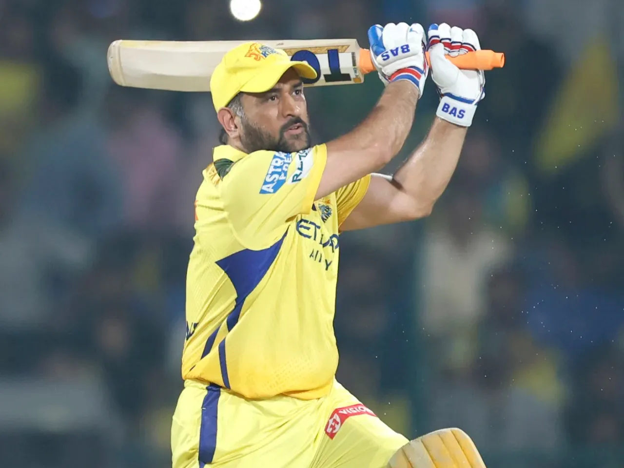 MS Dhoni in action during CSK vs RR IPL 2025 game in Delhi 
