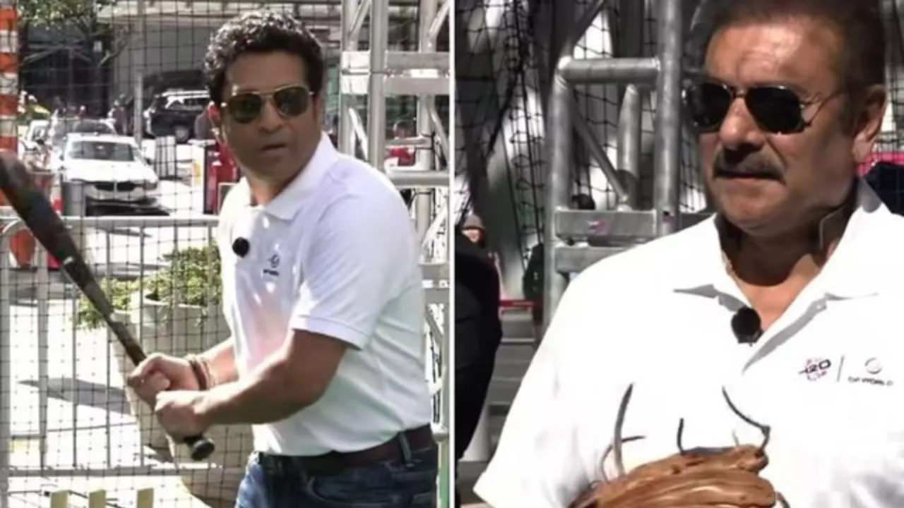 Sachin Tendulkar and Ravi Shastri trying their hands at baseball in New York (Source: X)