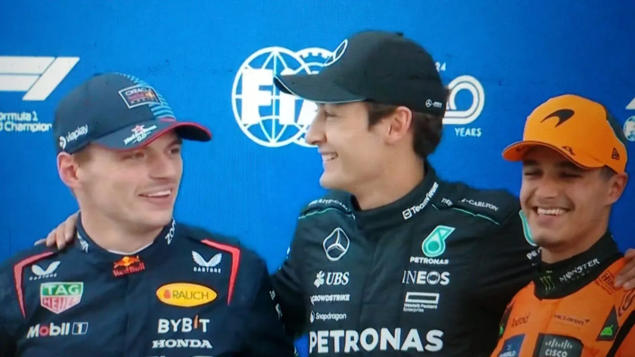 George Russell, Max Verstappen and Lando Norris 