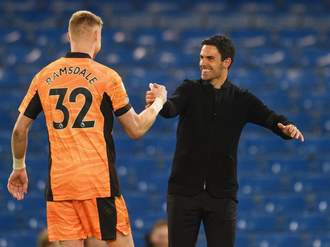 Aaron Ramsdale and Mikel Arteta