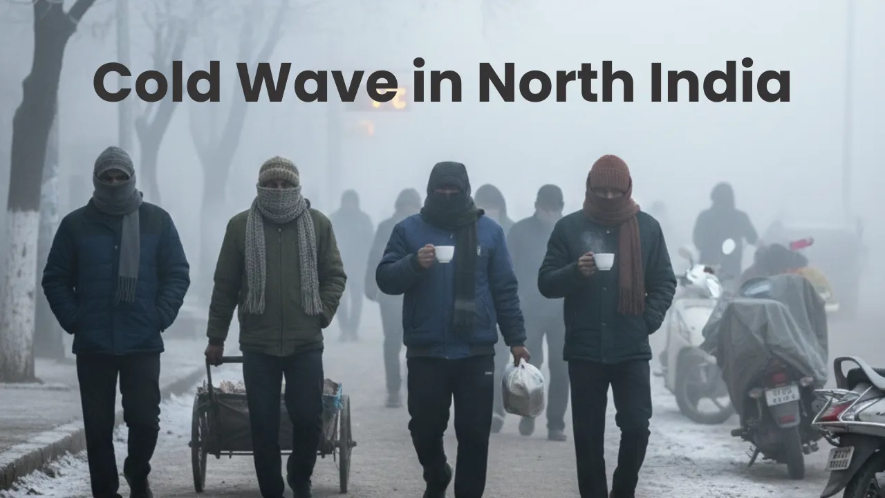 People walk through dense fog and extreme cold during a severe cold wave in North India as temperatures drop below freezing in Delhi and NCR.
