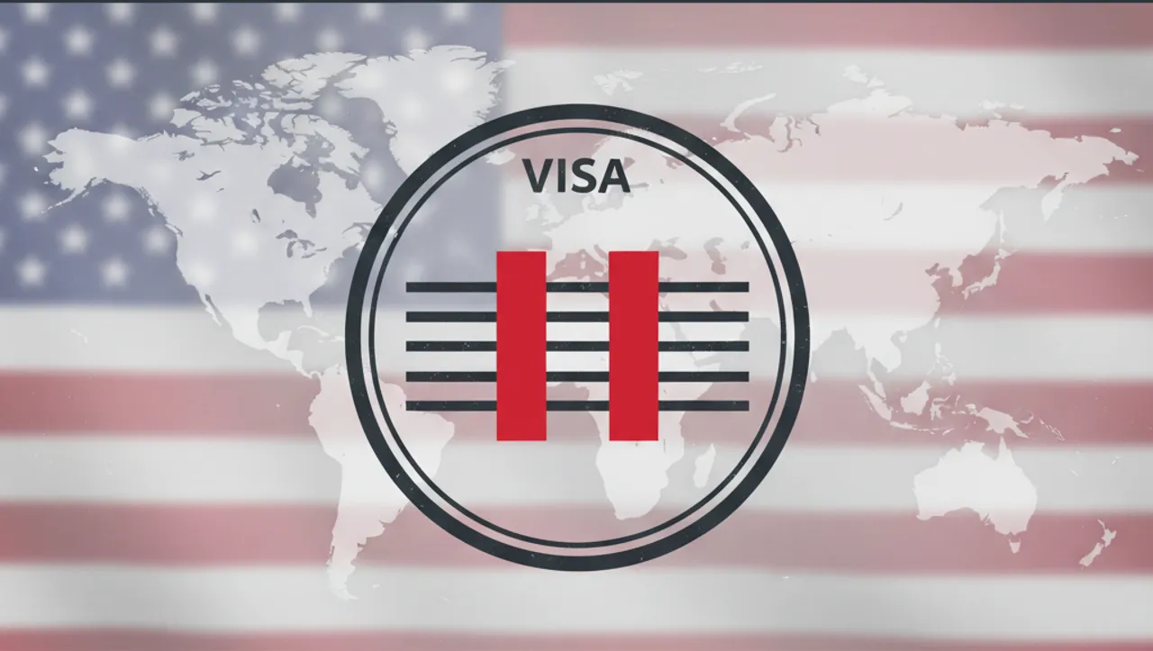 Editorial graphic showing a US visa stamp with a pause symbol, representing the US decision to pause green card processing for applicants from 75 countries.