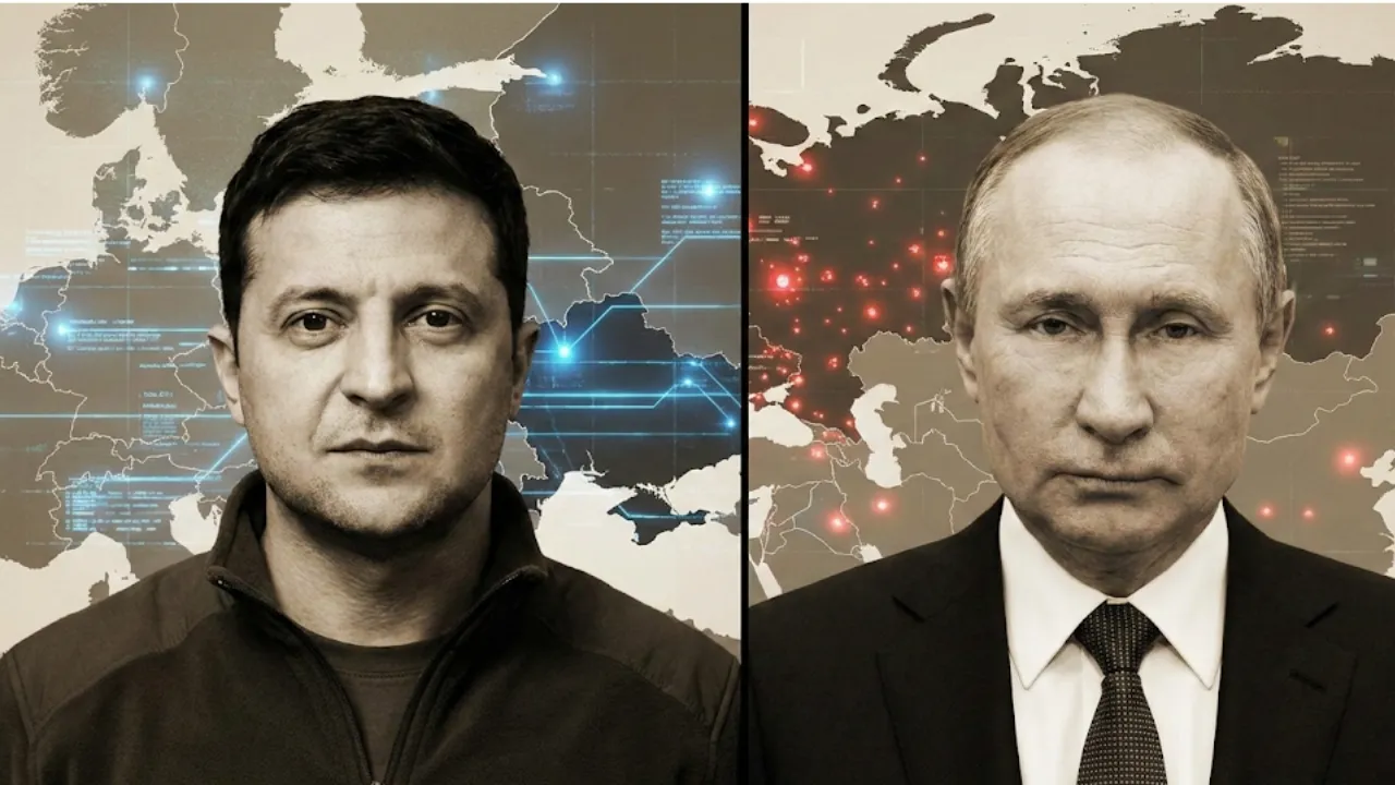 (1280x720) Split screen of Zelensky and Putin against a muted, data-overlay map of Eastern Europe.