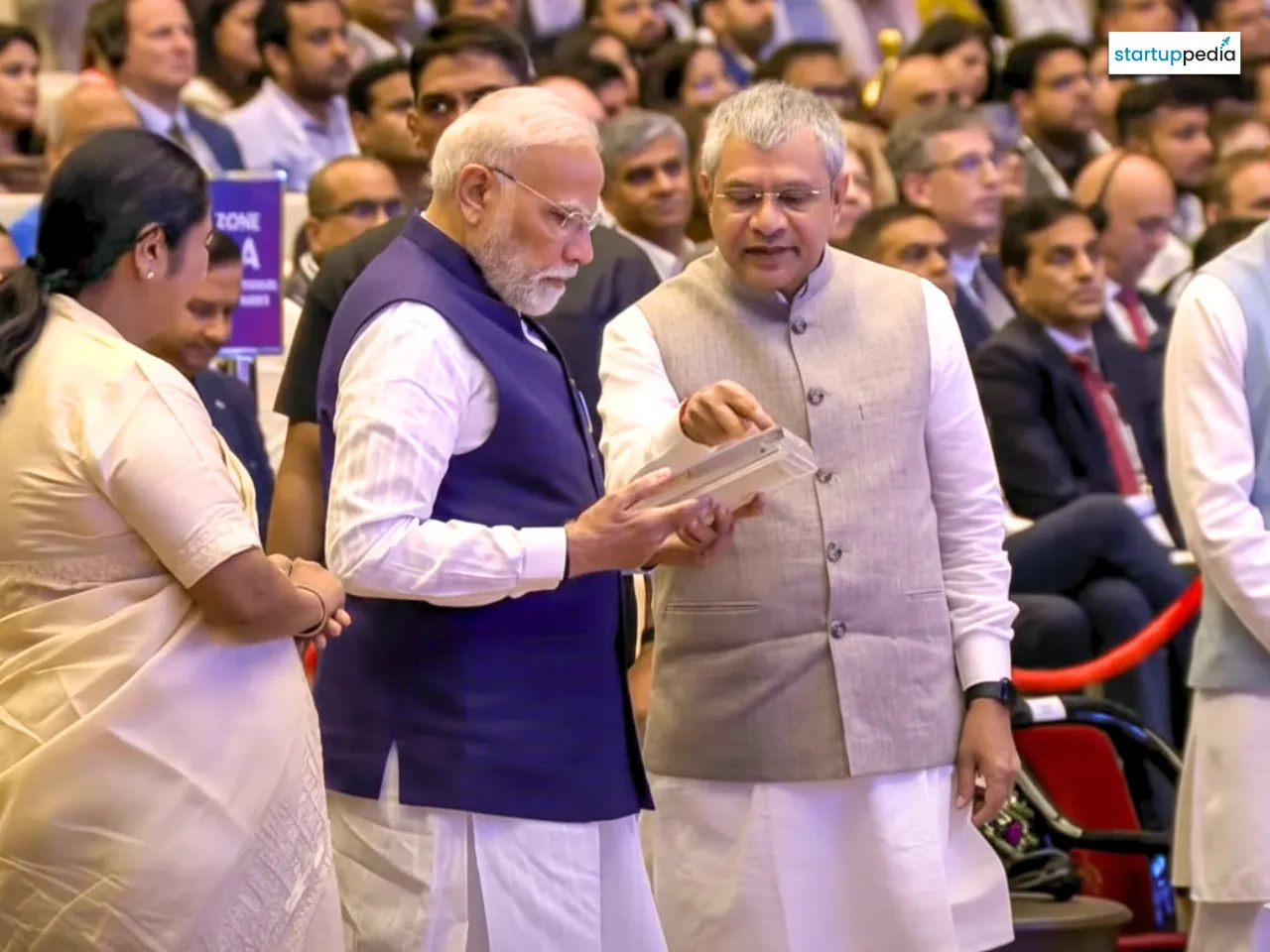 PM Modi Being Presented 'Vikram' The First Made-in-Bharat Chip By Minister Ashwini Vaishnaw
