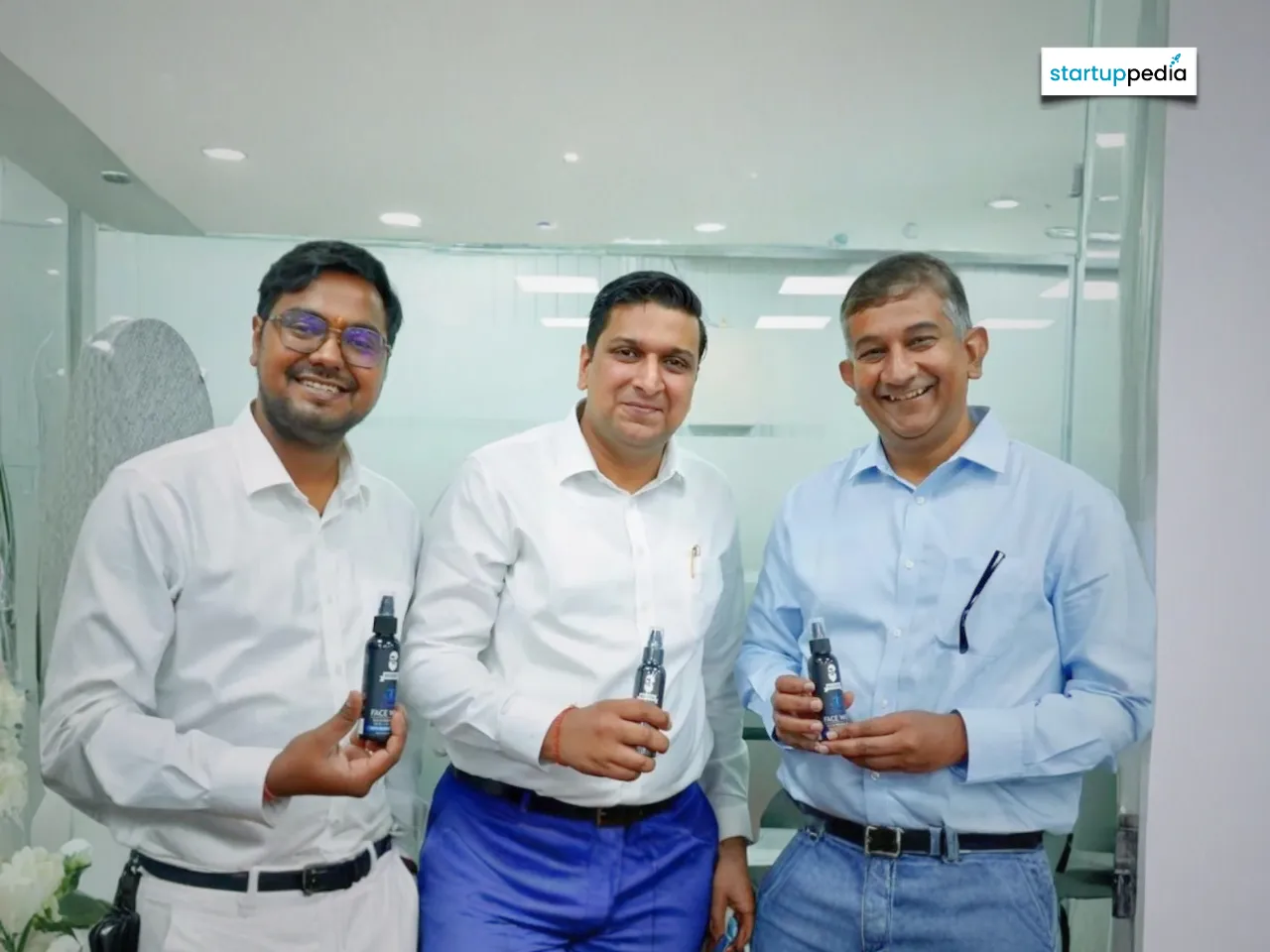Mucchstac founders Vishal Lohia & Ronak Bagadia with Sudhir Sitapati, MD & CEO of Godrej Consumer Products