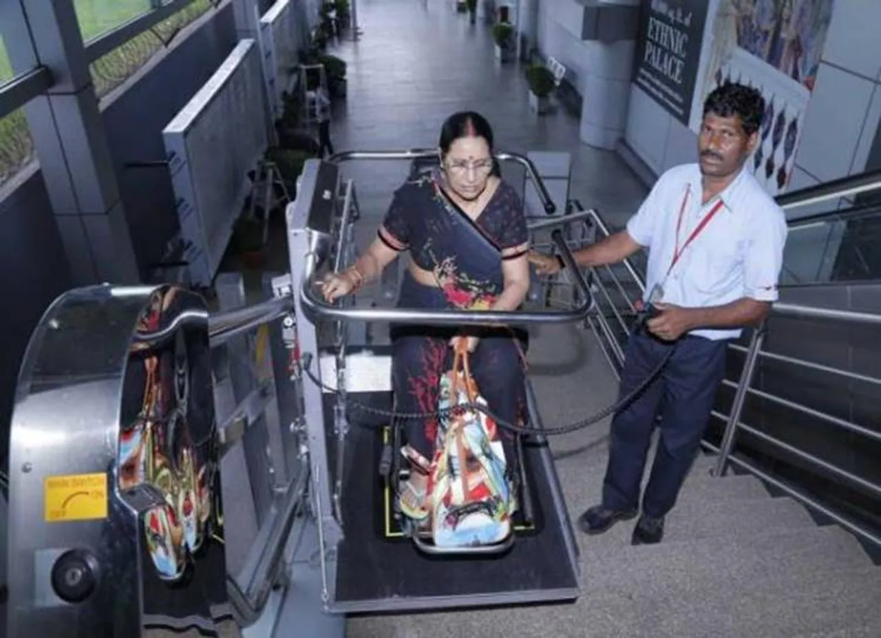 telangana state, hyderabad, rajiv gandhi international airport,disabled people,verti lift, wheel chair lift