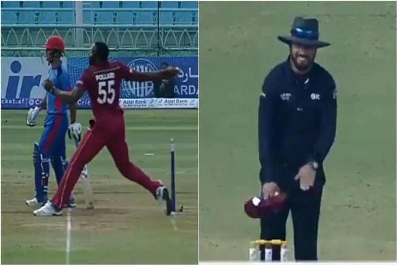 kieron pollard, kieron pollard no ball, umpire ahmed shah dhurrani, afghanistan vs west indies 3rd odi, afg vs wi 3rd odi, west indies vs afghanistan 3rd odi, asfghar afghan, kieron pollard funny