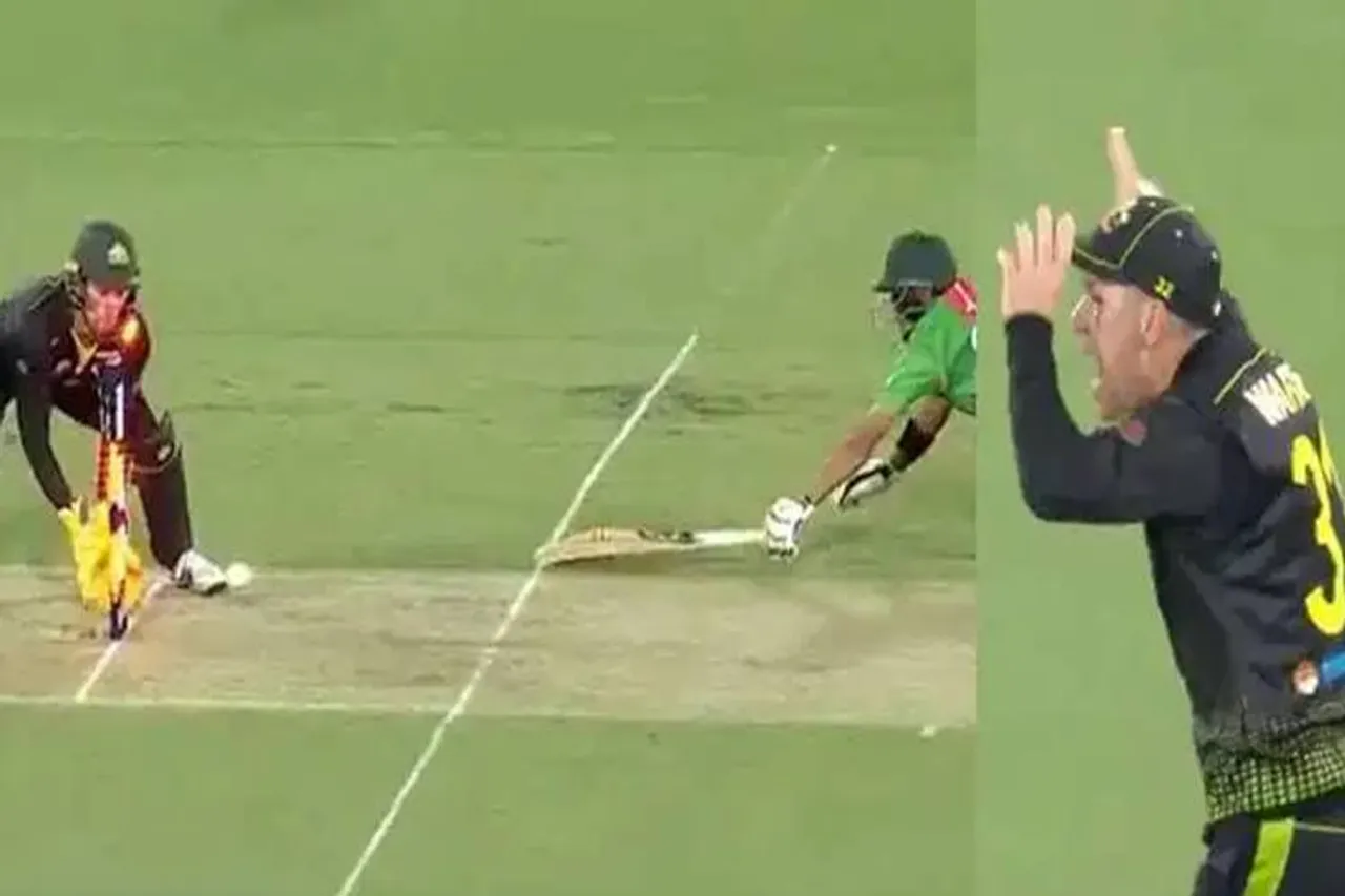 david warner run out babar azam pak vs aus video - டேவிட் வார்னரின் ஒரே த்ரோவில் சிதறிய ஸ்டெம்ப்புகள்! - ஆஃப் சைடு, லெக் சைடு கிங்கு டா நான் (வீடியோ)
