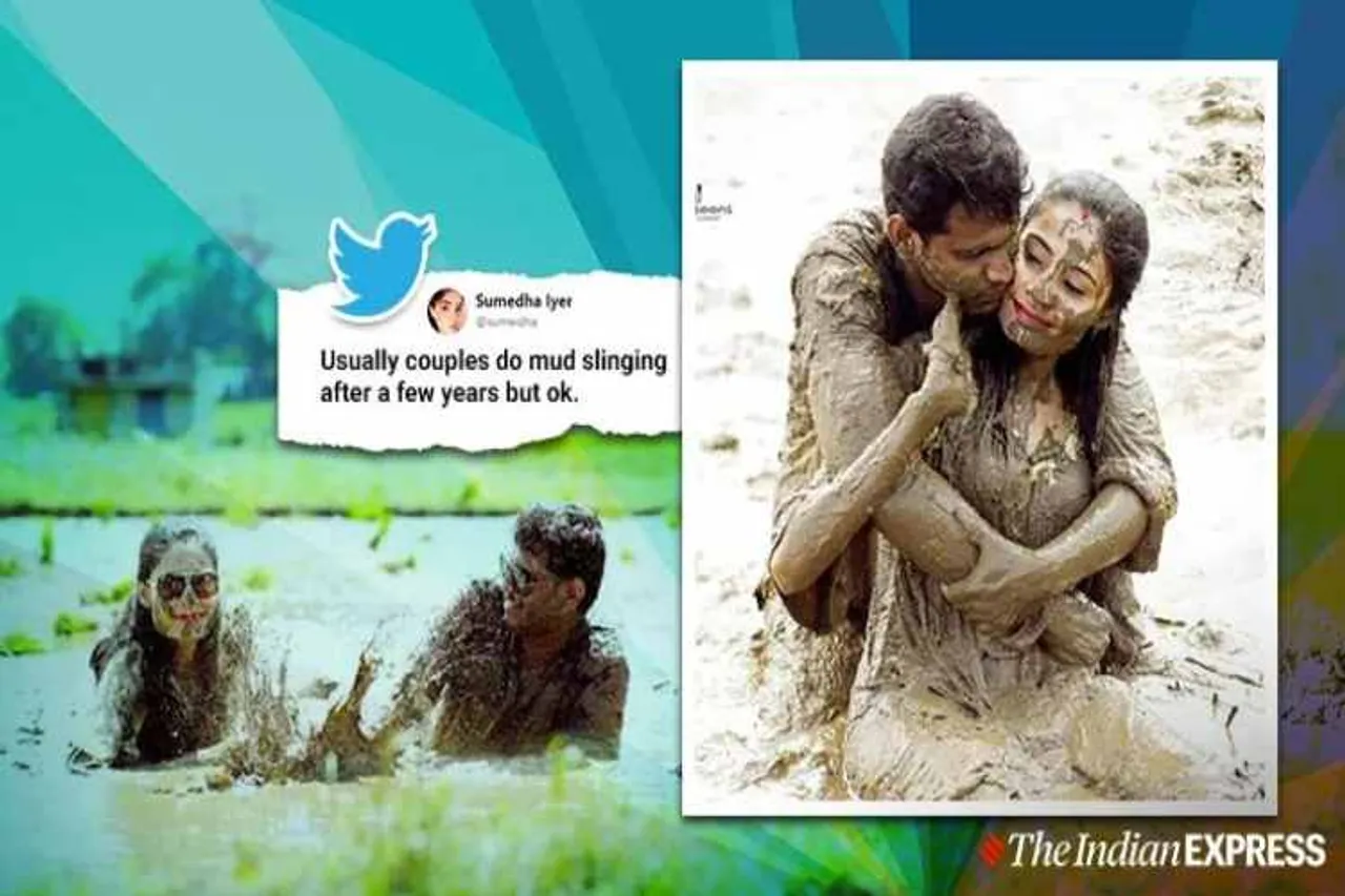 wedding photo shoot, indian couple's wedding photo shoot, desi photo shoot, mud photoshoot viral photo, trending, indian express, indian express news