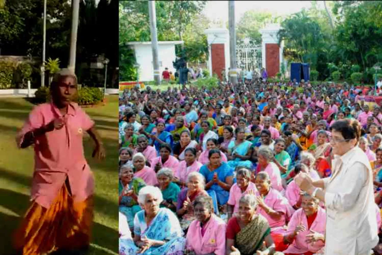 Kiran Bedi, Kiran Bedi Lt Governor Puducherry, Puducherry union state, puducherry, pongal celebration,கிரண் பேடி, புதுச்சேரி, பொங்கல் கொண்டாட்டம், ரவுடி பேபி பாட்டுக்கு நடனம் ஆடிய மூதாட்டி, puducherry municipolity staff pongal celebration, old woman dancing to rody baby song, துப்புரவு பணியாளர் பெண்களுடன் நடனம் ஆடிய கிரண் பேடி, kiran bedi dancing with corp staff, kiran bedi celebrates pongal with corp staff, old woman dancing to rowdi baby song