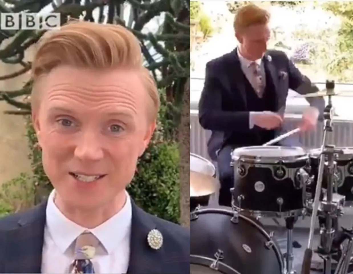 BBC weatherman Owain Wyn Evans drumming BBC theme music