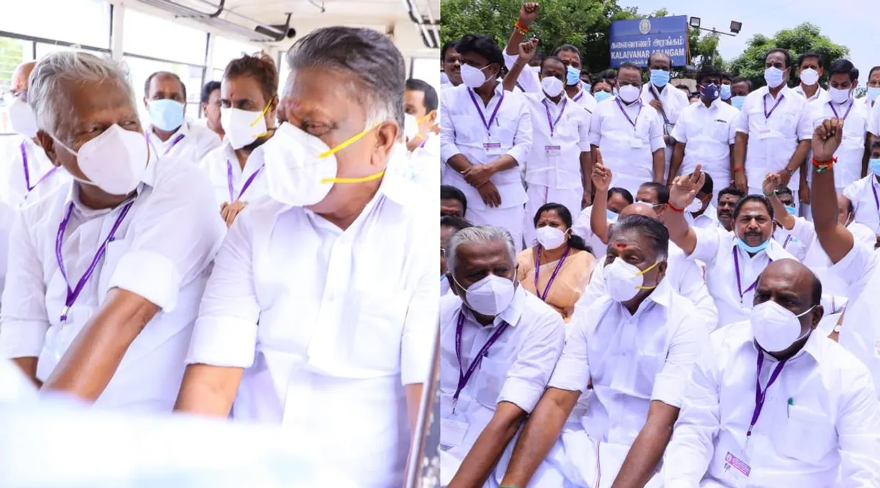 police case registers against ops and 63 aiadmk mlas, aiadmk mlas tharna, aiadmk mlas opposing to join jayalalitha university with annamalai university, தர்ணாவில் ஈடுபட்ட ஓ.பி.எஸ், 63 எம்.எல்.ஏக்கள் மீது வழக்குப்பதிவு, மாநிலம் முழுவதும் அதிமுகவினர் மறியல், அதிமுக, ஜெயலலிதா பல்கலைக்கழகம், அண்ணாமலை பல்கலைக்கழகம், விழுப்புரம், villupuram, annamalai university, jayalalitha university, aiadmk, ops, dmk, tamil nadu assembly