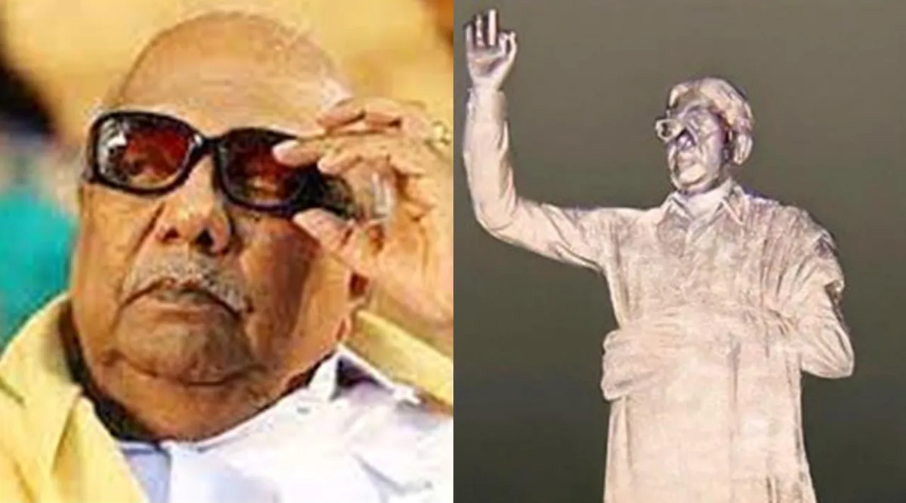 kalignar karunanidhi statue, karunanidhi statue, tamilnadu, dravidar kazhagam, dmk, kali poongkundran, trichy siva, aiadmk, கருணாநிதி சிலை, சென்னை, அண்ணா சாலை, திராவிடர் கழகம், திமுக, கலி பூங்குன்றன், திருச்சி சிவா, அதிமுக, பொன்னையன், முதலமைச்சர் முக ஸ்டாலின், ponnaiyan, cm mk stalin, dmk mla neelamegam, karunanidhi statue again anna salai, chennai