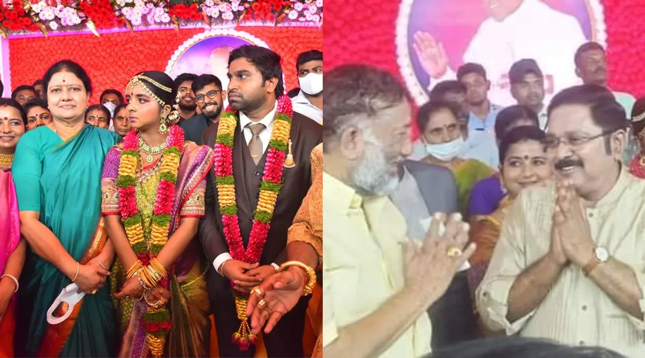TTV Dhinakaran's daughter marriage reception, TTV Dhinakaran, Sasikala participates in ttv dhinakaran home functions, டிடிவி தினகரன் மகள் திருமண வரவேற்பு விழா, அமமுக, அதிமுக, சசிகலா, ஓ.பி.எஸ் சகோதரர் ஓ ராஜா பங்கேற்பு, OPS' brother O Raja participates in ttv dhinakaran home functions, AMMK, AIADMK, Tamilnadu politics, tamil news