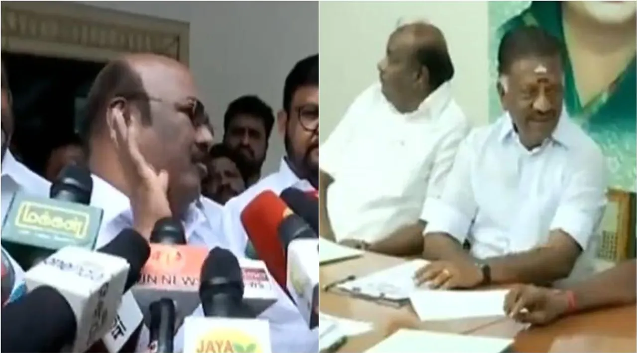 ops, o panneerselvam, jayakumar, aiadmk, jayakumar escape, eps, single leadership debate, ஓ.பி.எஸ் வருகைக்கு சற்று முன்பு எஸ்கேப் ஆன ஜெயக்குமார், அதிமுக அலுவலக காட்சிகள், Jayakumar escape before ops arrived to AIADMK head office