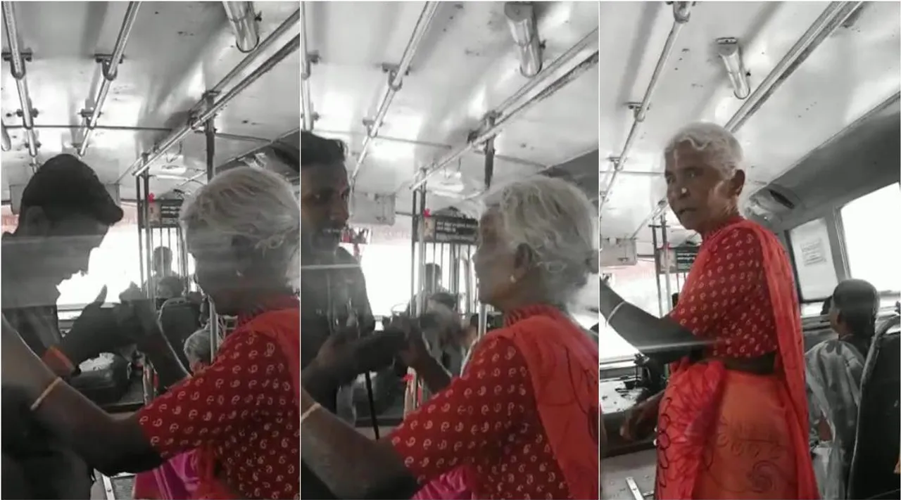 Old woman argue with Bus Conductor viral video, Old woman says don't want free ticket video goes viral, ஓசி டிக்கெட் வேண்டாம், அரசு பஸ்ஸில் அடம்பிடித்த மூதாட்டி, வைரல் வீடியோ - Old woman don't want free ticket, viral video, viral news, Coimbatore