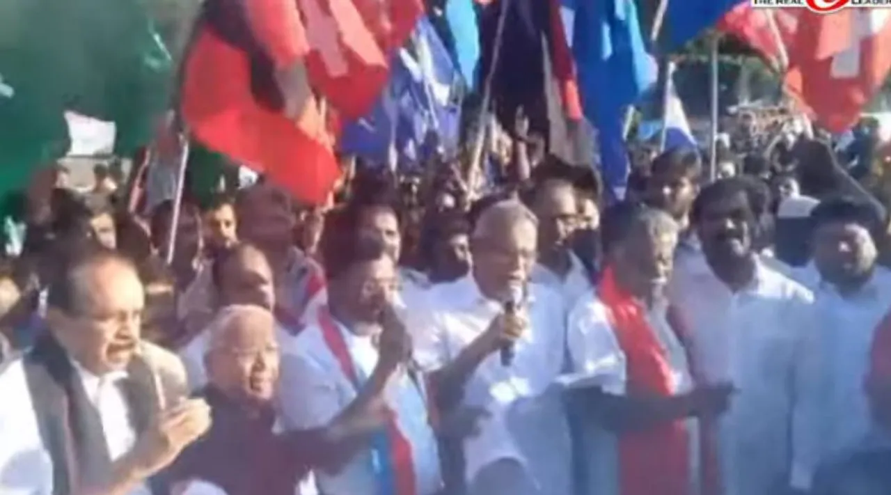 vck rally, Social Harmony Human Chain Rally, VCK, Thirumavalavan, DMK alliance Leaders Participates, விசிக, திருமாவளவன், சமூக நல்லிணக்க மனிதச் சங்கிலி பேரணி, சென்னை, வேல்முருகன், வைகோ, ஜவாஹிருல்லா, முத்தரசன், பாலகிருஷ்ணன், K Balakrishnan, Muththarasan, Vaiko, Velmurugan