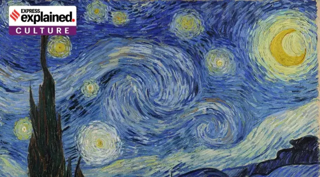 The Starry Night (cropped) with the luminous moon painted using Indian Yellow.