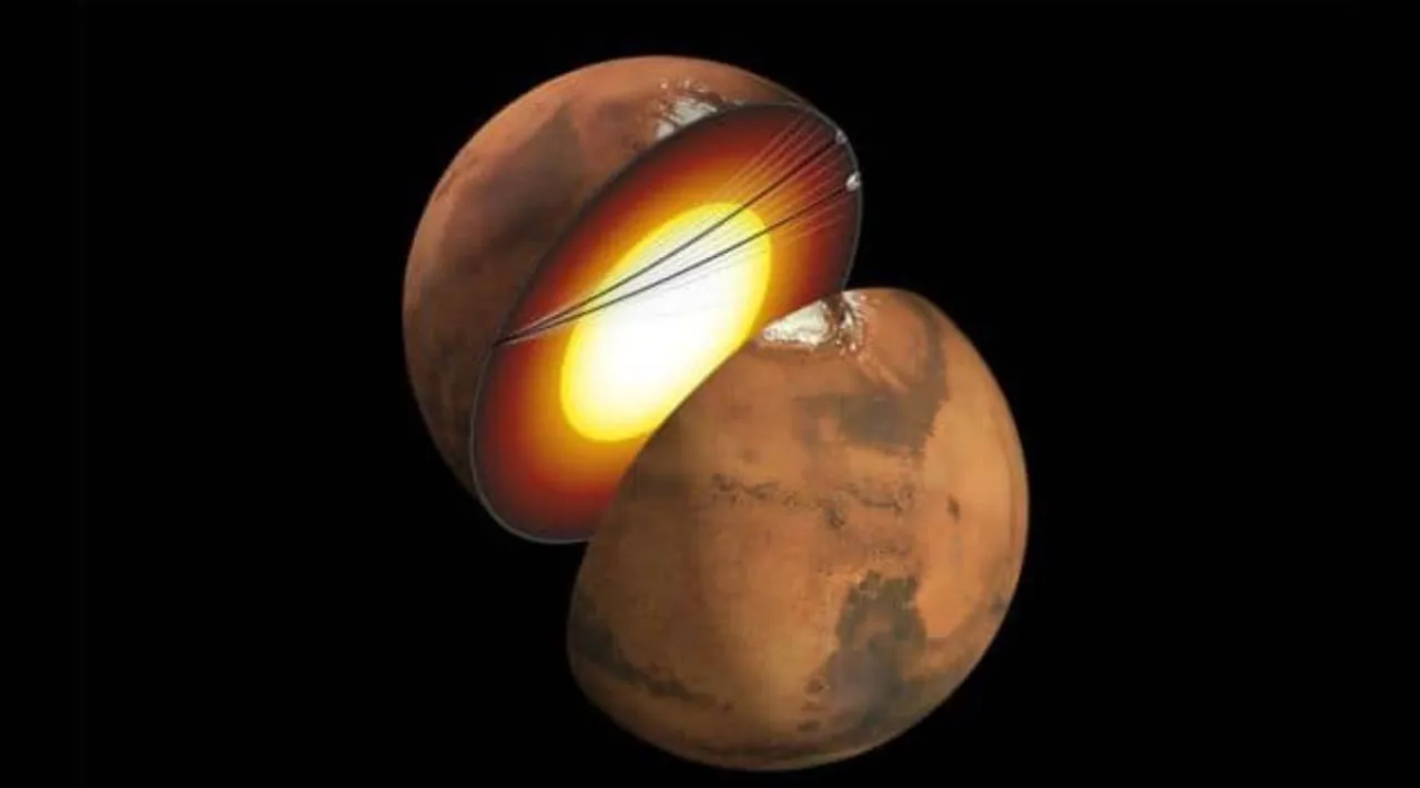 Cutaway of Mars showing seismic lines passing through the planet.