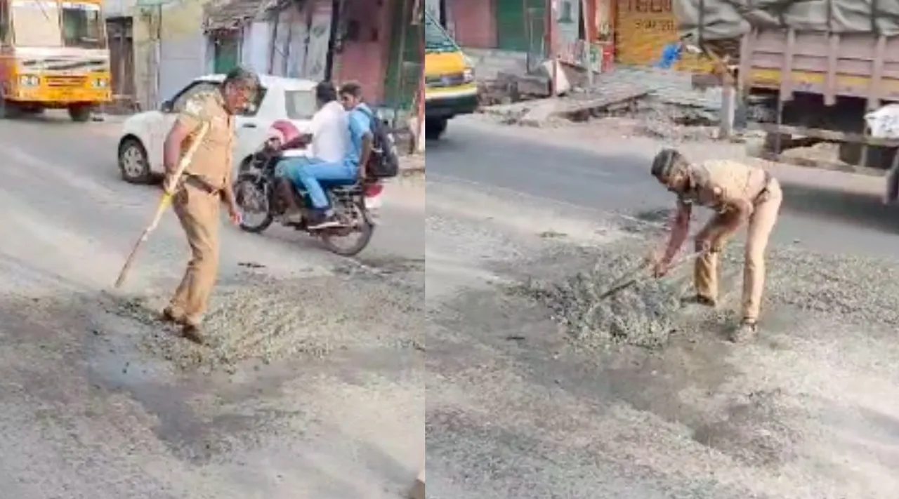 Coimbatore: police fill in cement potholes near annur highway road - video Tamil News