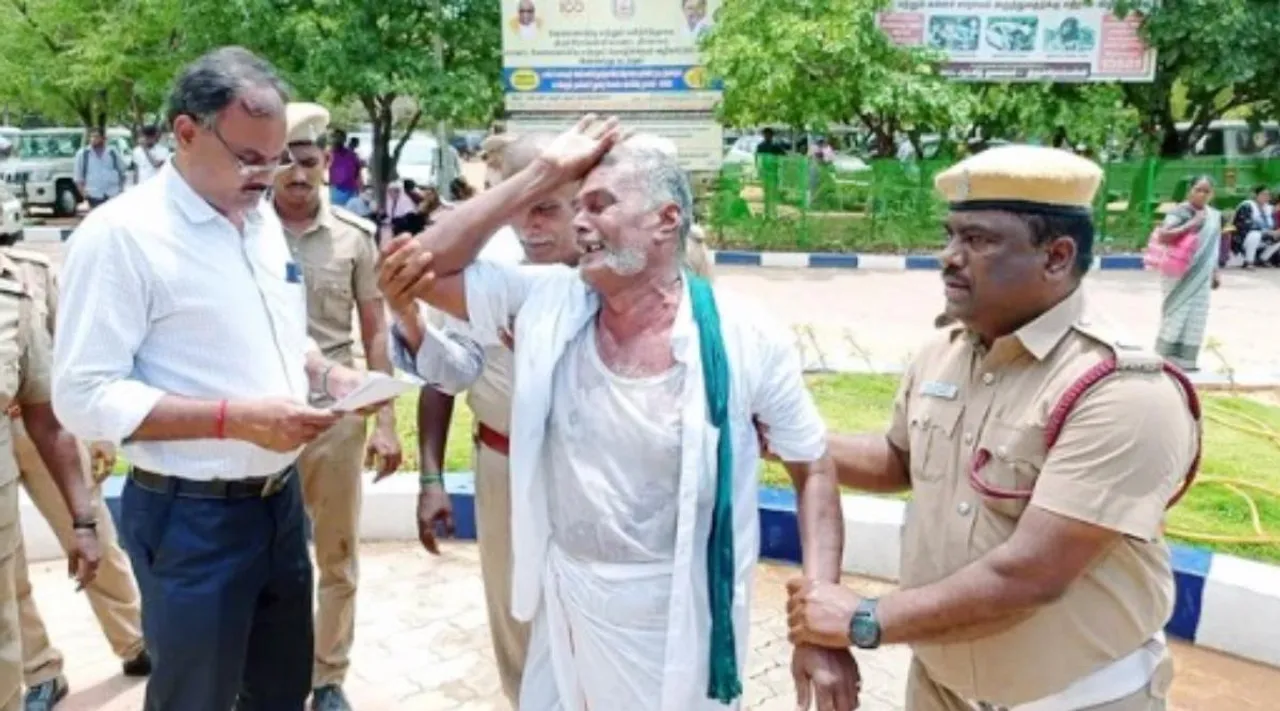 Police not taking action on farmer's complain, farmer Attempts suicide in Trichy collector's office, விவசாயி புகார் மீது நடவடிக்கை எடுக்காத போலீஸ், கலெக்டர் அலுவலகத்தில் விவசாயி பெட்ரோல் ஊற்றி தற்கொலை முயற்சி, Trichy collector's office