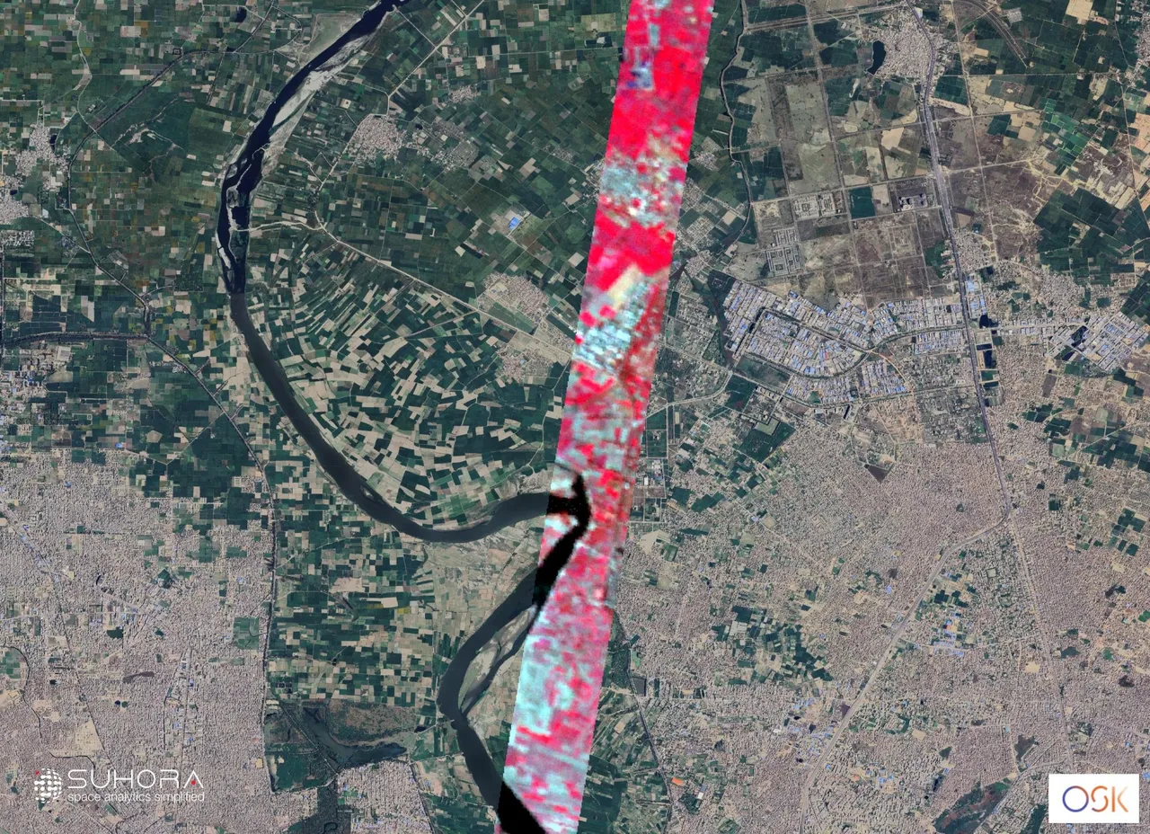 Hyperspectral imagery strip overlaid on a satellite view of Delhi